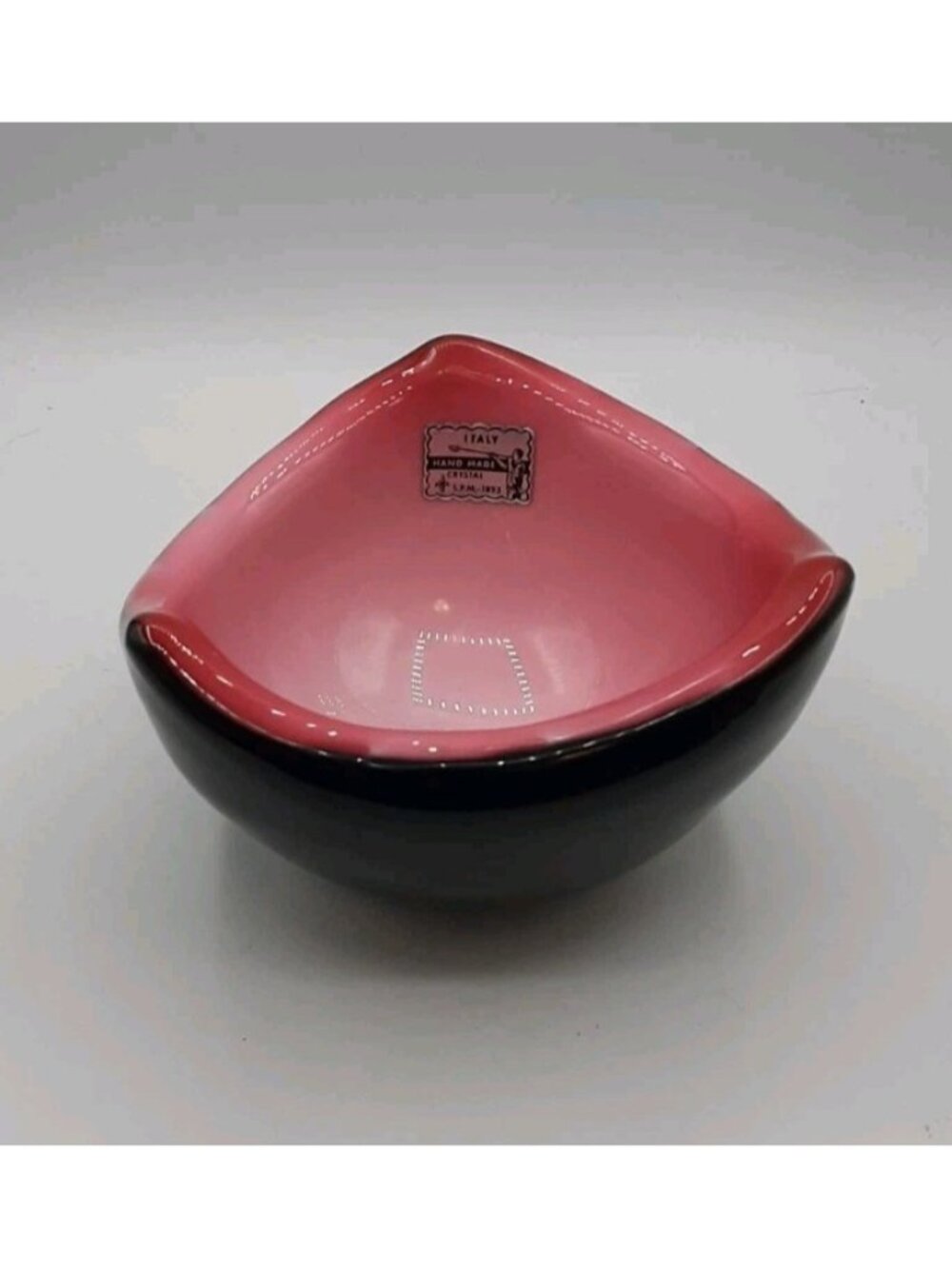 Vintage Handmade Crystal Biomorphic Candy Nut Bowl Pink and Black Italy Sticker